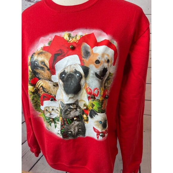 Ugly Christmas Sweater Dogs Cats Pug Dog Womens Sweatshirt Large Fifth Sun Bells - Picture 1 of 7